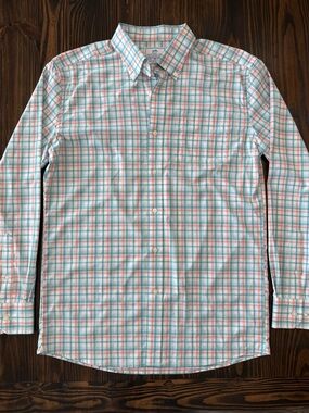 Southern Tide Intercoastal Button-Down Plaid Dress Shirt Light Blue Orange Large